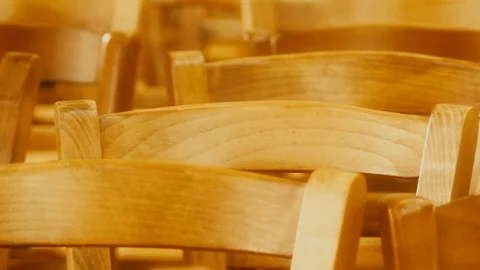 Tracking over rows of chairs in the Amiens cathedral Stockbeeldmateriaal 78733992