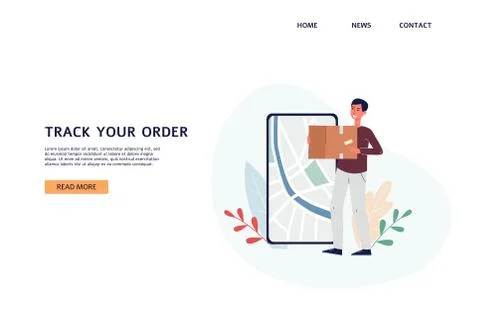 Tracking parcel services website with happy client flat vector illustration. Stock Illustration