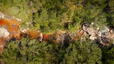 Tracking right birds eye shot over stream and waterfall in Australian bush Stock Footage 124510583