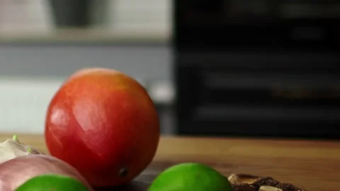 Tracking right video of ingredient and slicing leek Stock Footage 131589040