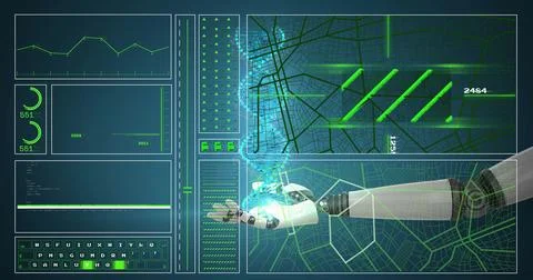 Tracking robotic arm extending in virtual control room, displaying hex grid and 스톡 사진