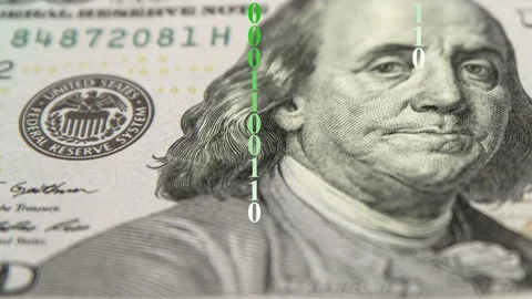 Tracking shot 100 US Dollar bank note &amp; chains of binary one's zero's matrix Stock Footage 127709675