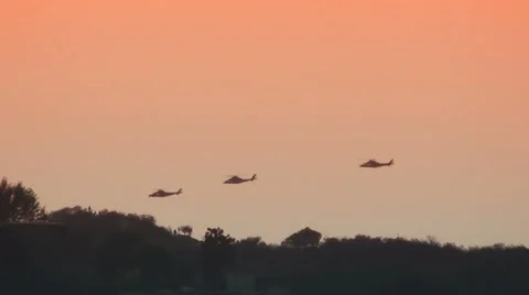 Tracking shot of 4 helicopters flying over the Hollywood Hills 動画素材 44019842