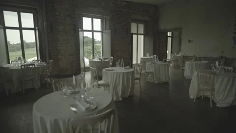 Tracking shot across elegant and vintage dining hall Stock Footage 196172144