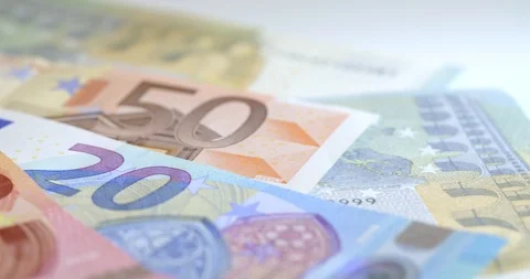 A tracking shot across Euro notes Stock Footage 88488038