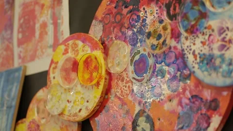 Tracking Shot Across Students’ Abstract Artwork Display Stock Footage 296845935