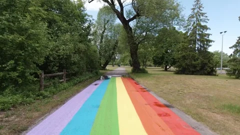 Tracking shot along rainbow pride path in park, symbol of equality Stock Footage 320002949
