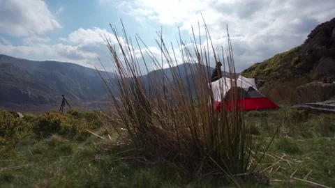 Tracking shot behind grass of a man erecting a wild camping tent 動画素材 200830090