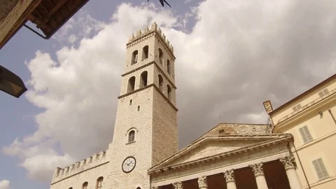 Tracking shot of a bell tower in downtown, Assisi Stock Footage 82123814