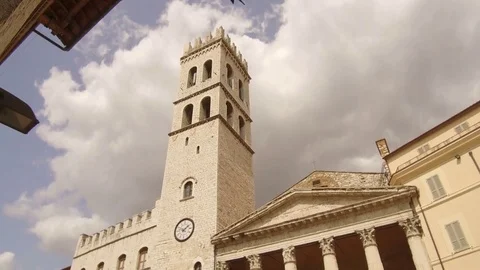 Tracking shot of a bell tower in downtown, Assisi Stock Footage 82125709