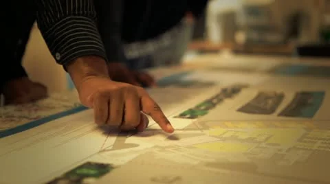 Tracking shot of blueprint discussion in close up. Stock Footage 11116180