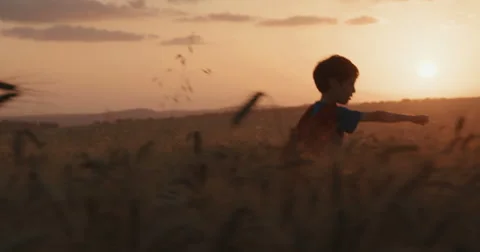 Tracking shot of a boy playing superman running across a field Stock Footage 63272682