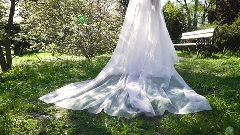 Tracking shot of bride walking in sunny blooming garden in slow motion Stock Footage 104411281