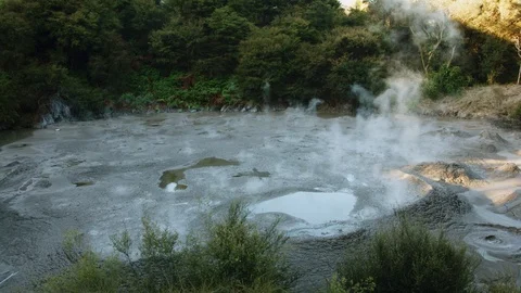 Tracking shot of bubbling mudpools in Rotorua Stock Footage 89802619