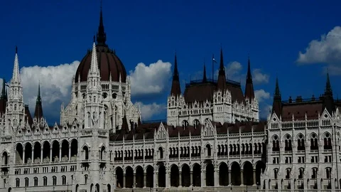 Tracking shot of Budapest gothic revival style parliament building Stock Footage 93282134