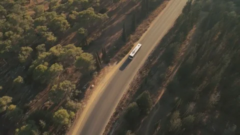 Tracking shot on a bus driving through forest road between trees Stock Footage 99071266