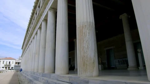 Tracking shot camera moves forward from exterior to interior of Stoa of Attalos Stock Footage 92439199
