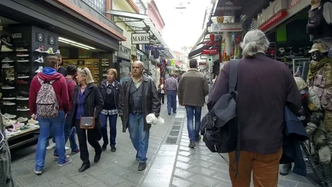 Tracking shot camera moves slowly forward in Monastiraki Flea Market Stock Footage 92439844