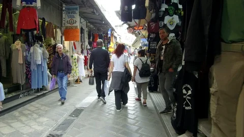 Tracking shot camera moves slowly forward in Monastiraki Flea Market Stock Footage 92439905