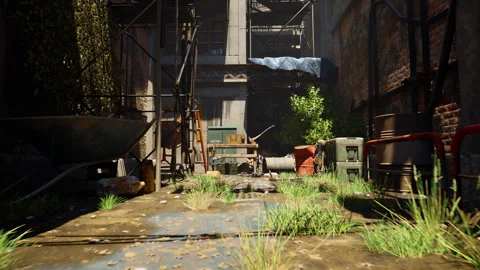 Tracking shot of a cluttered post-apocalyptic alley Stock Footage 297835037