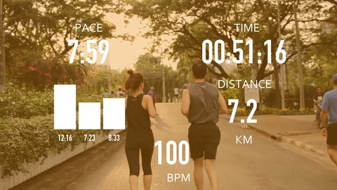 Tracking shot, Couple running with Activity Tracker overlay Stock Footage 104095207