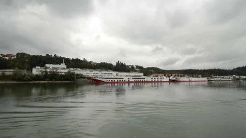 Tracking shot from the Danube River in Austria on a cloudy day Stock Footage 71327503