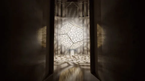 Tracking shot on Dodecahedron Shadow Lamp casting shadows inside a Dome. Video stock 164868536