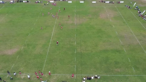 Tracking shot from drone of phase of play of touch rugby Stock Footage 244778918