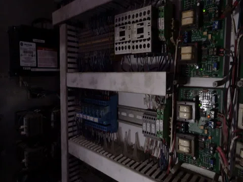 Tracking shot of electrical panel with fuses, relay, switches and contactors Stock Footage 75034144