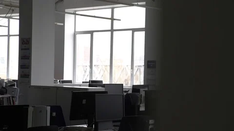 Tracking shot of empty open space office with modern and comfortable workplaces Stock Footage 127387883