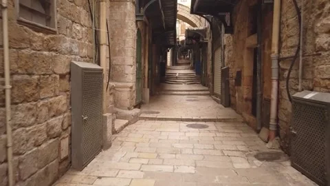 Tracking shot in an empty street of the old city in jerusalem Stock Footage 145867061