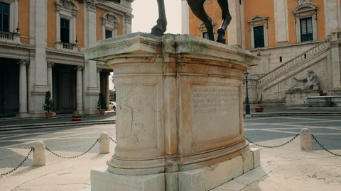 Tracking shot on equestrian statue of Marcus Aurelius, emperor of Rome Stock Footage 94560705