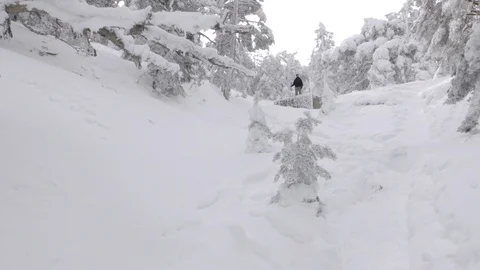Tracking shot of explorer observing the valley covered by snow Stock Footage 86773768