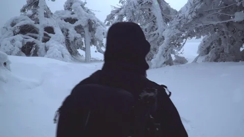 Tracking shot of an explorer walking into the beautiful snowy nature Stock Footage 86495431