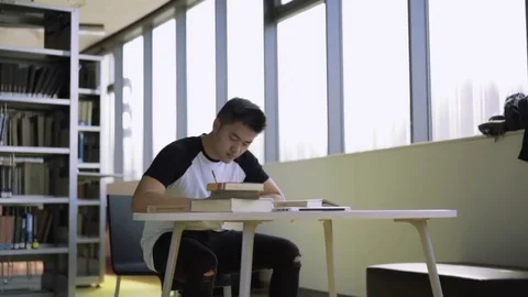 Tracking shot of high school student studying at desk in library Stockbeeldmateriaal 80521548