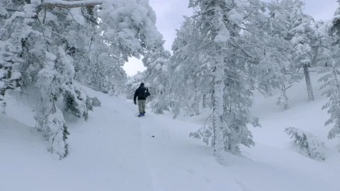 Tracking shot of hiker walking to the summit of the snowy mountain Stock Footage 86792195