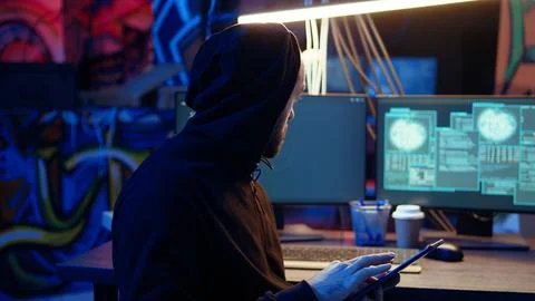 Tracking shot of hooded hacker using tablet to launch cyber attacks 写真素材
