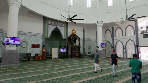 Tracking Shot Inside the Prayer Hall of Malacca Straits Mosque Stock Footage 345547169