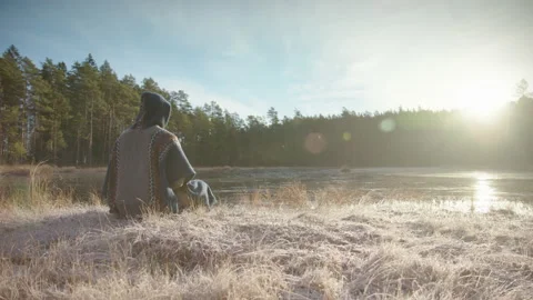 TRACKING shot L-R of an ice bather conscious breathing before going in a Video stock 166442196