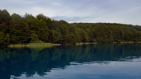 Tracking shot lake river with blue water and trees reflection in Plitvice Park Stock Footage 89160960