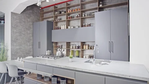 Tracking shot of a luxury kitchen with gray modern design Stock Footage 112106314