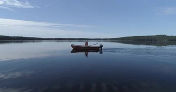 Tracking Shot, Man Rowing in a Small Fishing Boat in a Tranquil Forest Lake Video stock 85889502