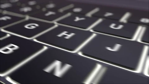 Tracking shot of modern black computer keyboard and luminous upgrade key Stock Footage 72858966