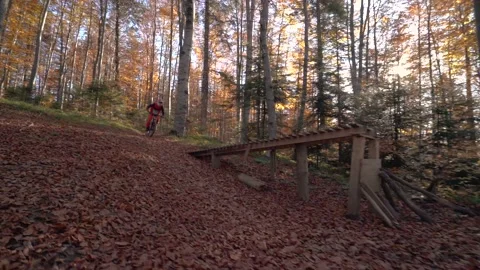Tracking shot of a mountain biker on MTB catching big air on mountain bike trail Video stock 150450467