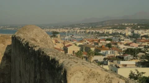 Tracking shot over the fortification wall of the Fortensa of Rethymno at Crete Stock Footage 10828290
