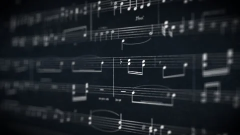 Tracking shot over staves of various pieces of music, background animation Stock Footage 281711314