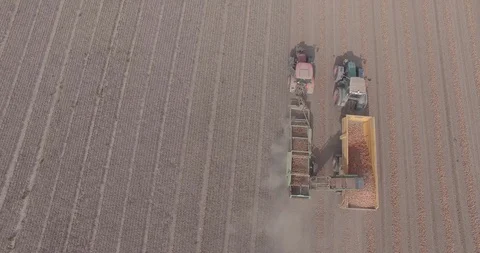 Tracking shot over two tractors working together to harvest 스톡 동영상 111641193