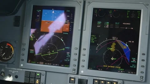 Tracking shot of pilot's main displays and warning system inside private jet Видео 254577643