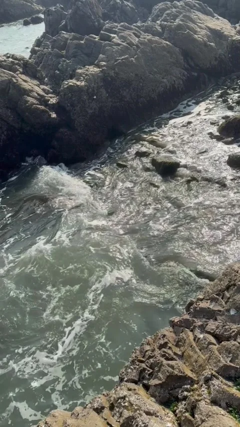 Tracking shot powerful ocean waves crashing against rocky cliffs in smooth Vídeos de archivo 333605294