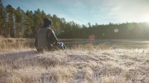 TRACKING shot R-L of an ice bather conscious breathing before going in a Video stock 166442084